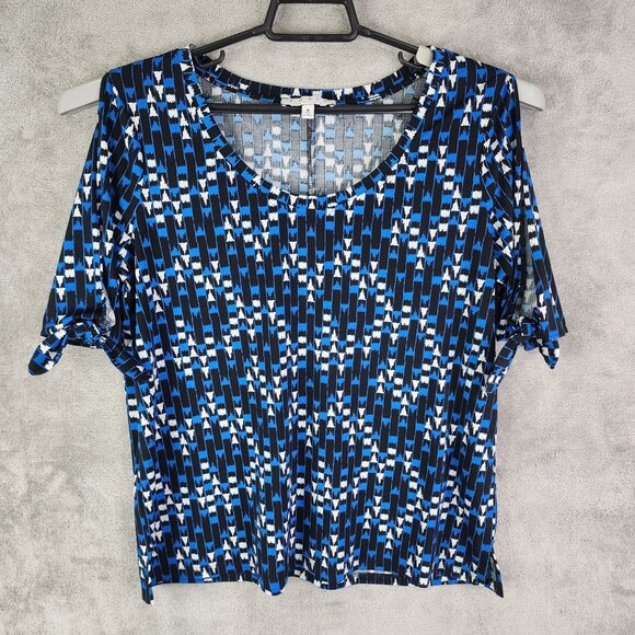 Women's Chaus New York Geometric Print Top Blouse Round Neck Cold Sleeve Tie M - Picture 2 of 10